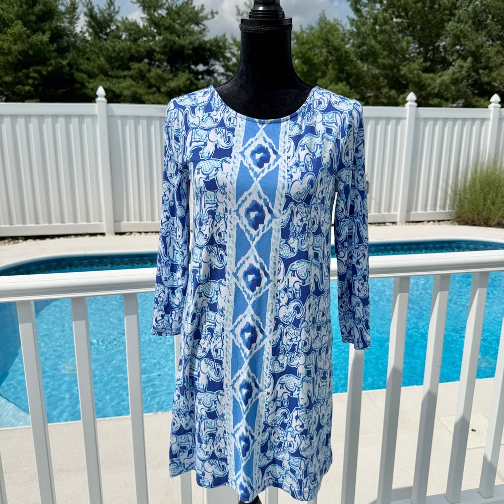 Lilly Pulitzer Ophelia Dress in Get Trunky Print Blue White Elephants Size M